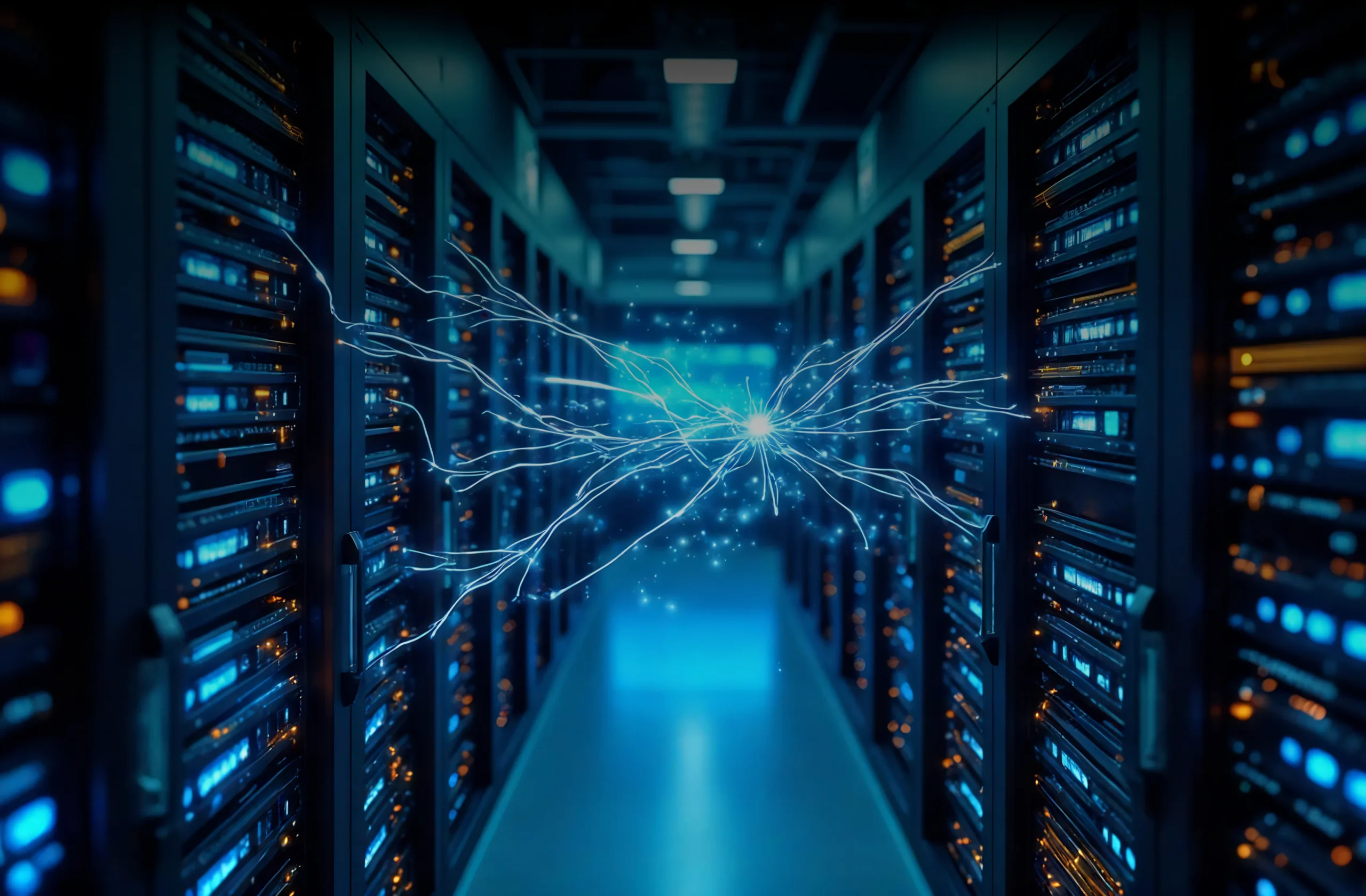 Server room with interconnected nodes, glowing circuits, data streams forming a secure network, central hub integrating multiple systems, seamless energy flow, technology-themed with cool blue and striking neon highlights, ultra-detailed, high-tech ambiance, sleek design, modern aesthetic, intricate connections, vibrant visual representation of advanced technology, captivating visual scene. The picture represents the "System Integrations" page on the BMK Informatika website.