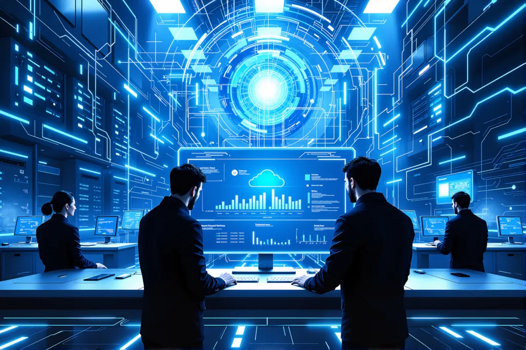 A high-tech, professional illustration representing system implementation in system integrations. The image features IT engineers deploying and configuring software across interconnected servers, cloud platforms, and workstations.