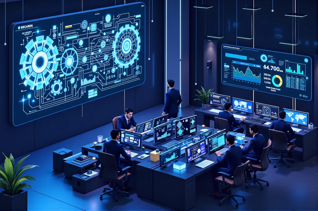 A futuristic, high-tech illustration representing system maintenance in system integrations. The image features IT professionals monitoring and optimizing system performance on multiple screens displaying diagnostics, security alerts, and system health indicators.