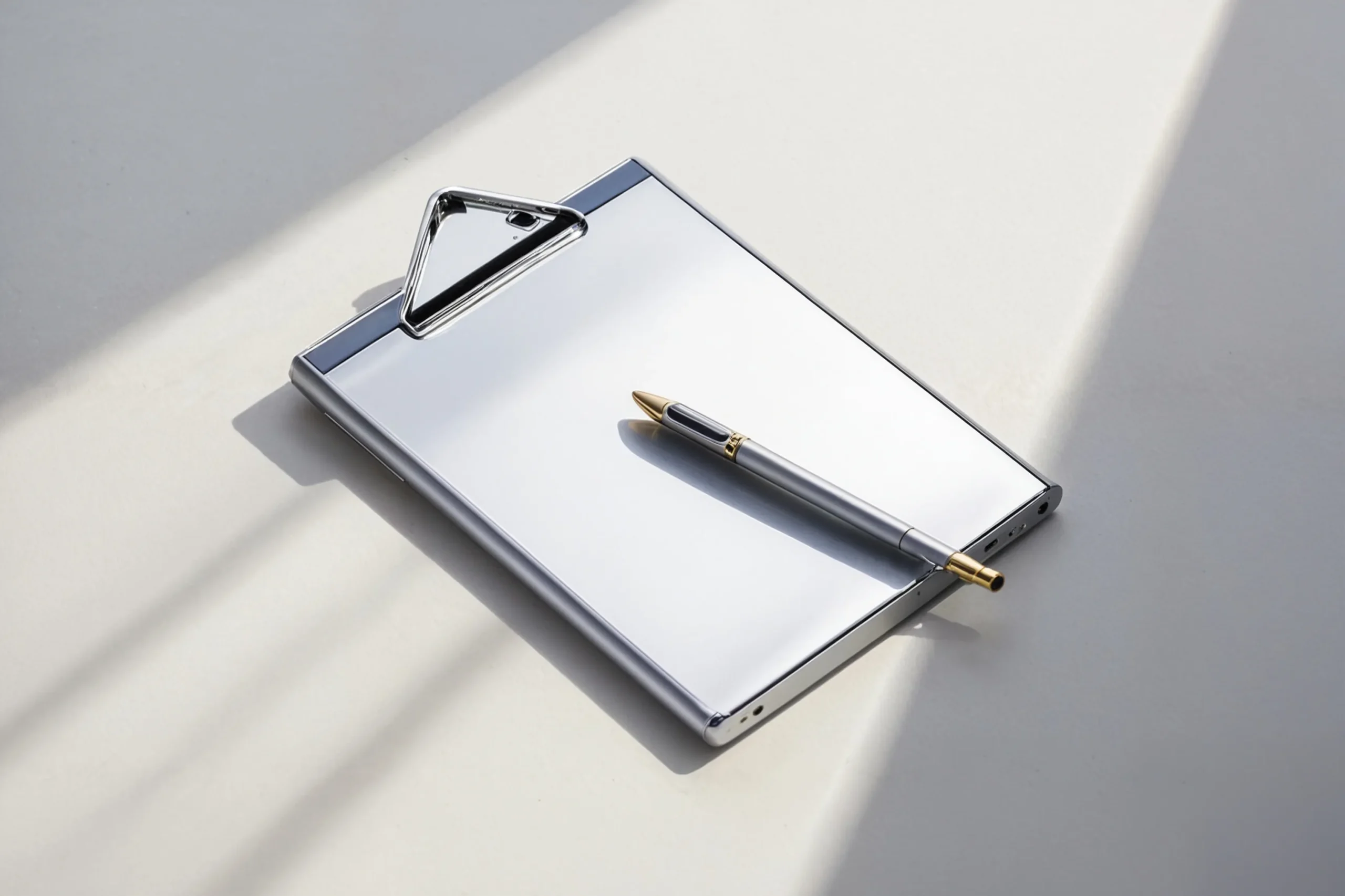 A pristine clipboard rests on a smooth, light surface, showcasing a blank sheet of white paper secured firmly by a shiny metal clip. Beside it lies a sleek, silver pencil, its sharpened tip poised for action, while a hint of crimson at the end adds a subtle pop of color.